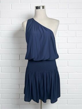 Ramy Brook Leah One Shoulder Smocked Mini Dress in Navy NWT